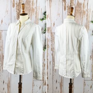 LOFT White Textured Embroidered Stripe Button Down